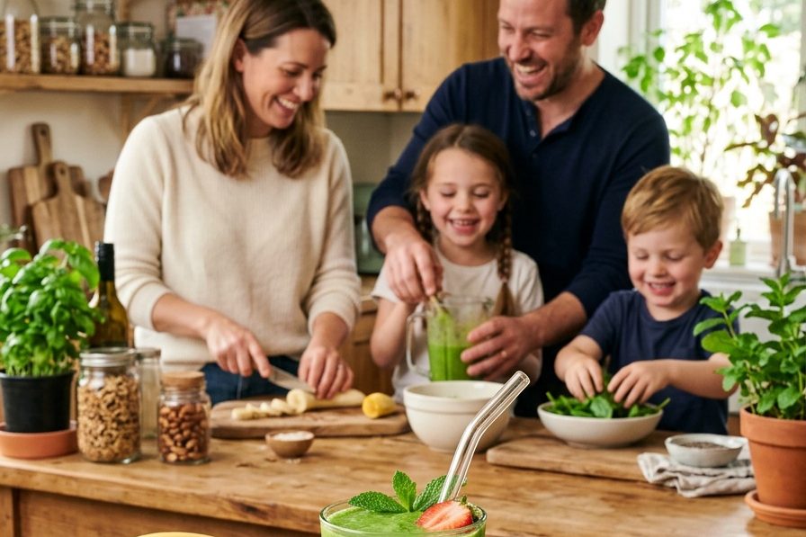 Familia preparando un batido verde en la cocina