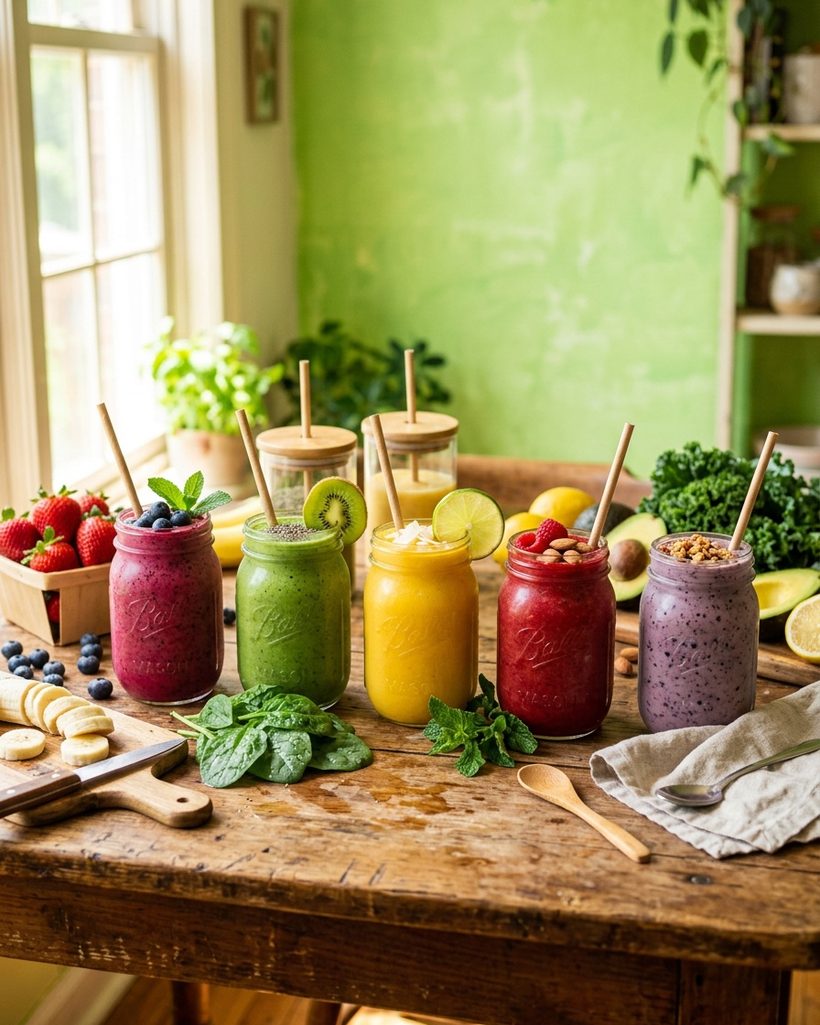 Batidos saludables de colores en frascos