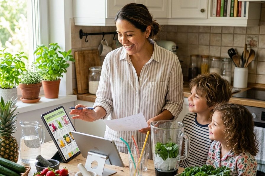 Familia planificando recetas en una tablet